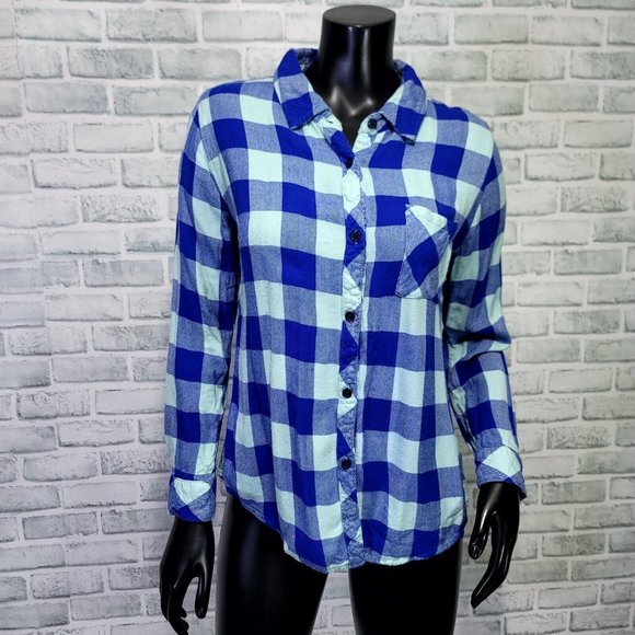 Rails‎ Womens M Hunter Blue Mint Plaid Button Front Lightweight Flannel Top - Picture 1 of 6